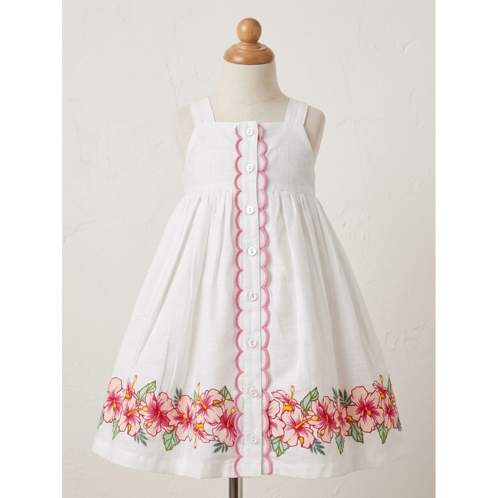 Tommy Bahama Girls White Hibiscus Floral Embroidered Scallop Button Dress 4T